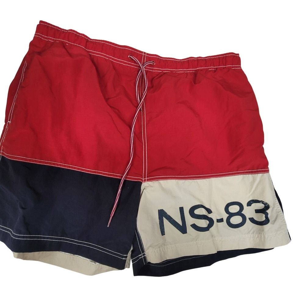 Vintage Nautica Mens‎ Swim Trunks Shorts NS-83 Color Block Red Blue Beige Large